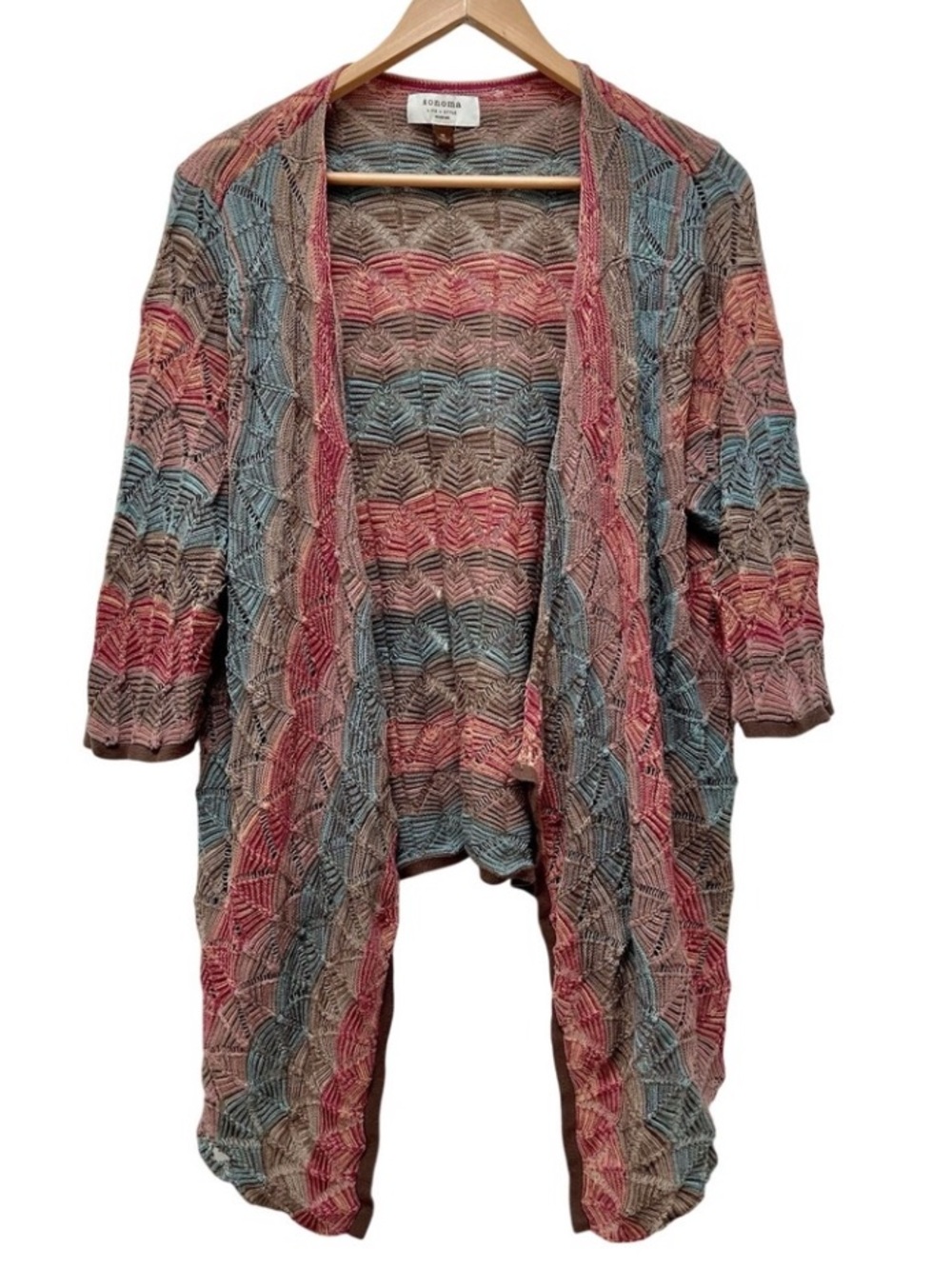 Sonoma Open-Front Chevron Knit Cardigan in Pink, Blue & Brown